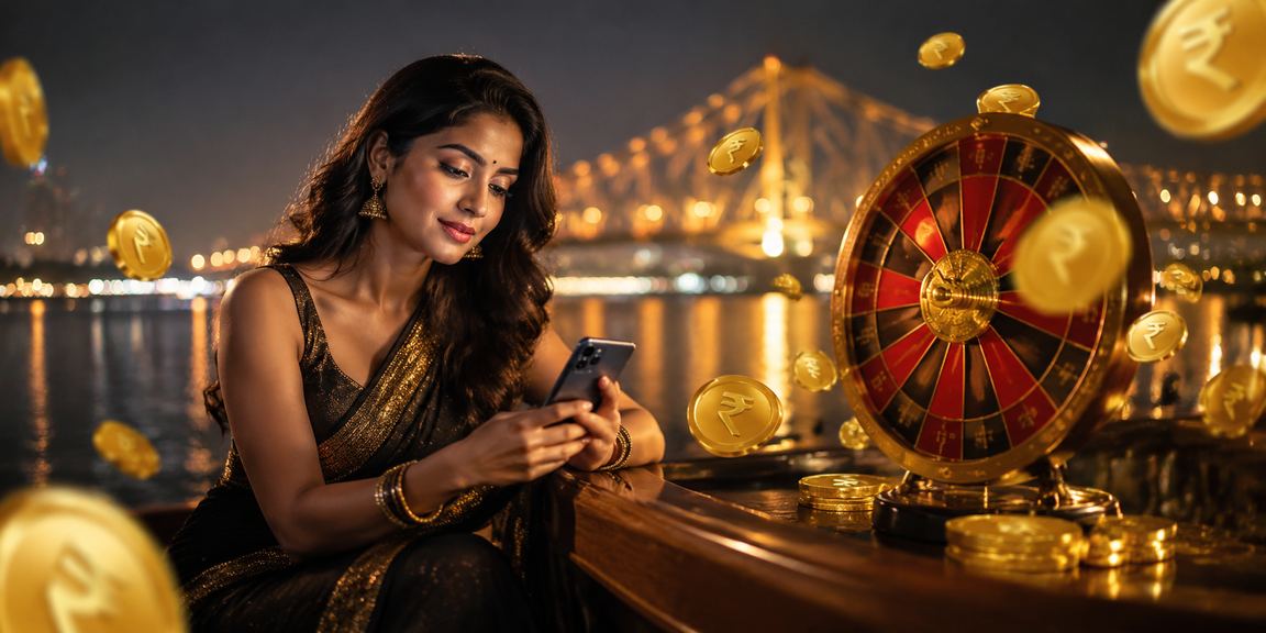 Kolkata Howrah bridge during evening with bright lights and rupee symbol